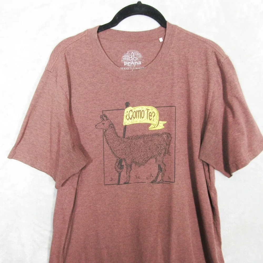 prAna Mens Llama Graphic T-Shirt Large Como Te Llama Heathered Rust Brown